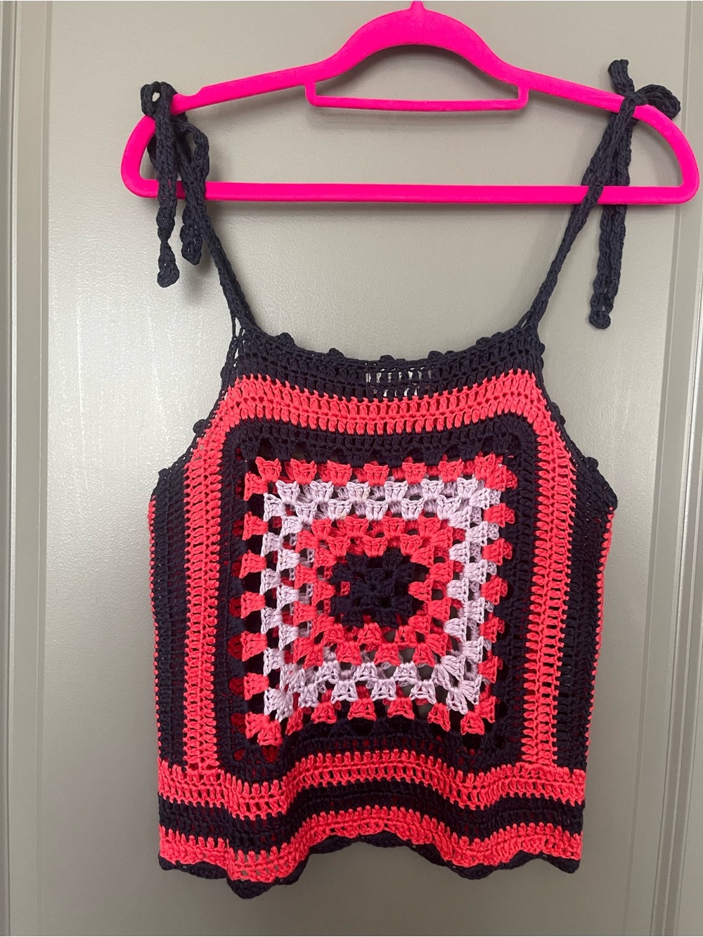Hand-Crocheted Black and Coral Square-Front Tank Top